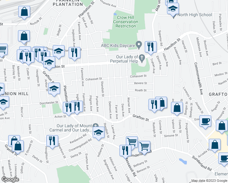 map of restaurants, bars, coffee shops, grocery stores, and more near 80 Farrar Avenue in Worcester