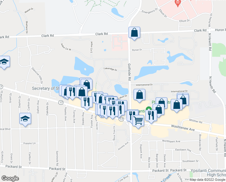 map of restaurants, bars, coffee shops, grocery stores, and more near 2355 Twin Lakes Drive in Ypsilanti