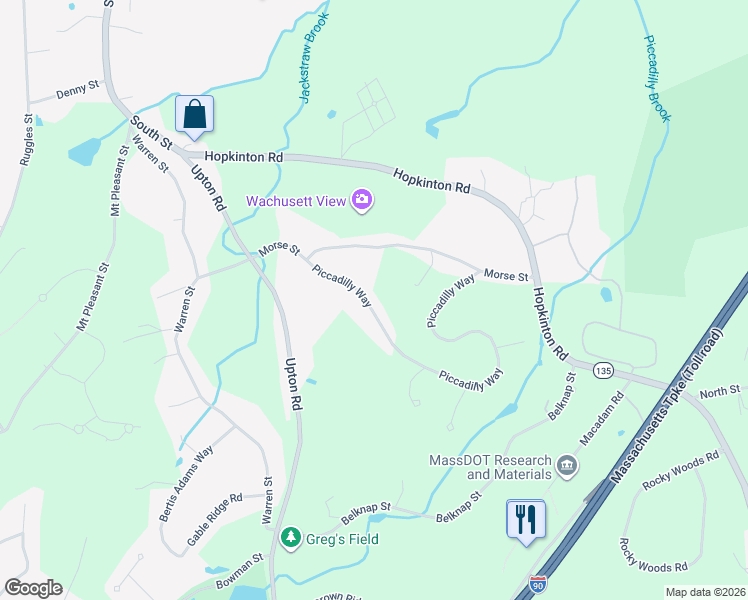 map of restaurants, bars, coffee shops, grocery stores, and more near 16 Piccadilly Way in Westborough