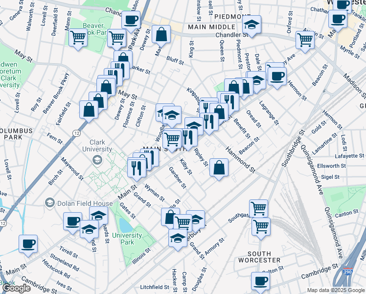 map of restaurants, bars, coffee shops, grocery stores, and more near 880 Main Street in Worcester