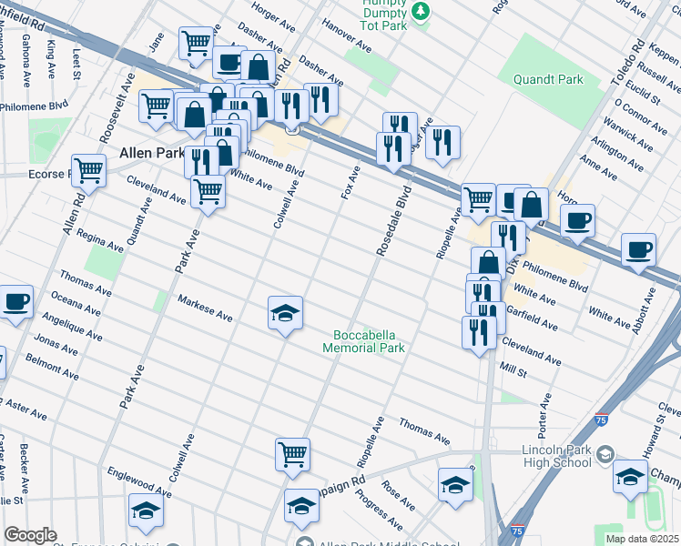 map of restaurants, bars, coffee shops, grocery stores, and more near 14871 Cleveland Avenue in Allen Park