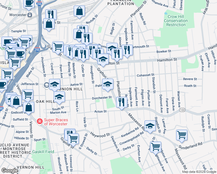 map of restaurants, bars, coffee shops, grocery stores, and more near 412 Grafton Street in Worcester