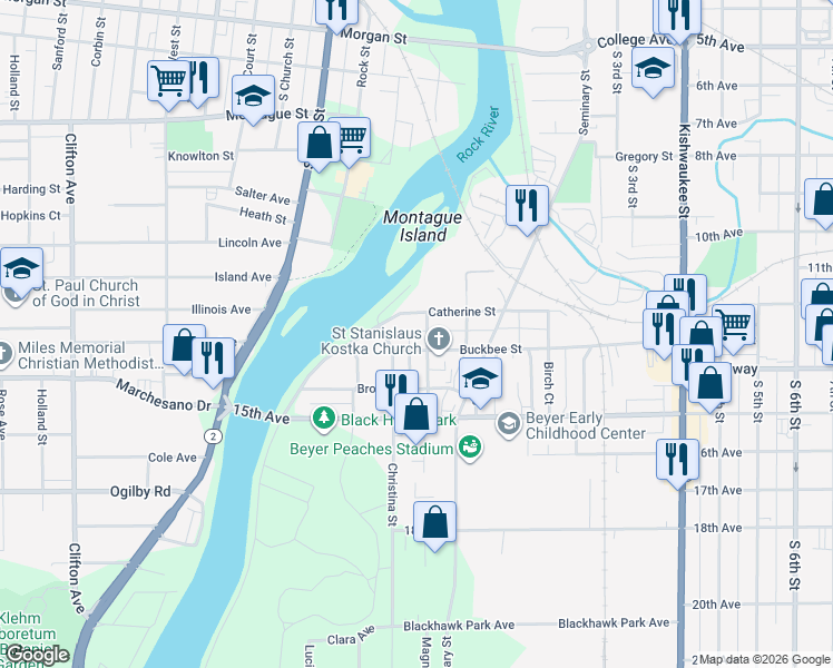 map of restaurants, bars, coffee shops, grocery stores, and more near 1303 Magnolia Street in Rockford