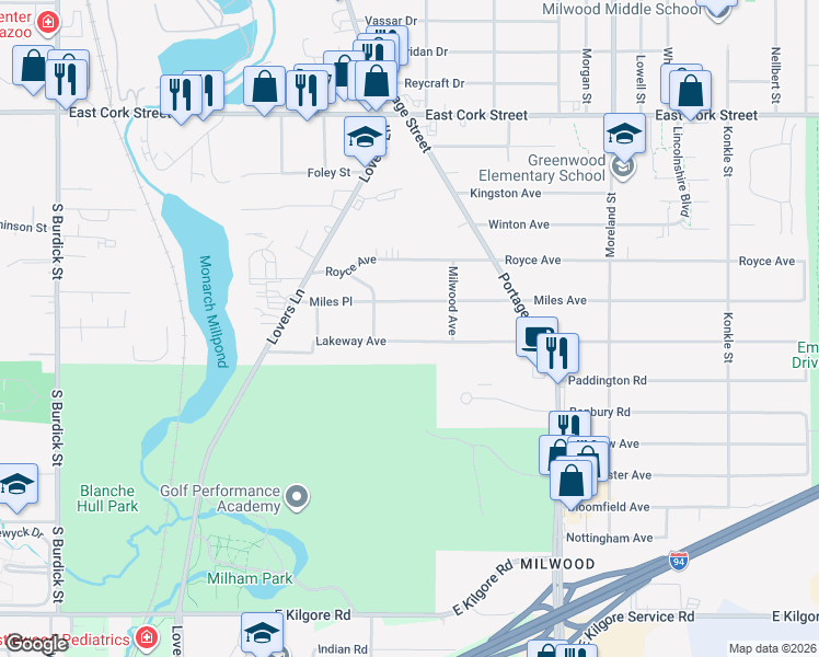 map of restaurants, bars, coffee shops, grocery stores, and more near 1127 Lakeway Avenue in Kalamazoo