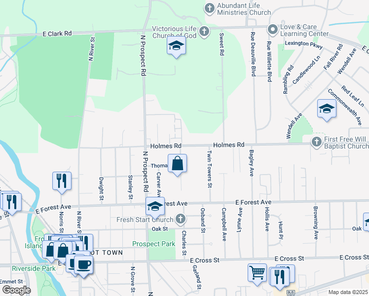 map of restaurants, bars, coffee shops, grocery stores, and more near 818 Charles Street in Ypsilanti