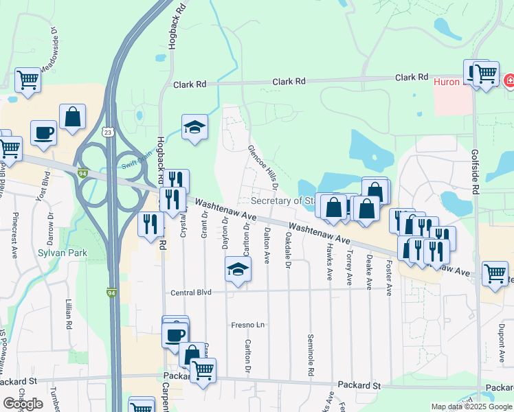 map of restaurants, bars, coffee shops, grocery stores, and more near 2260 Glencoe Hills Drive in Ann Arbor