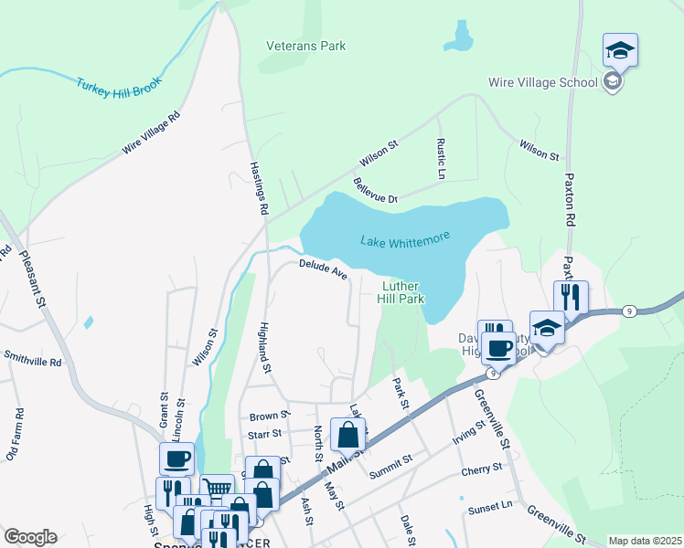 map of restaurants, bars, coffee shops, grocery stores, and more near 17 Lake Street in Spencer