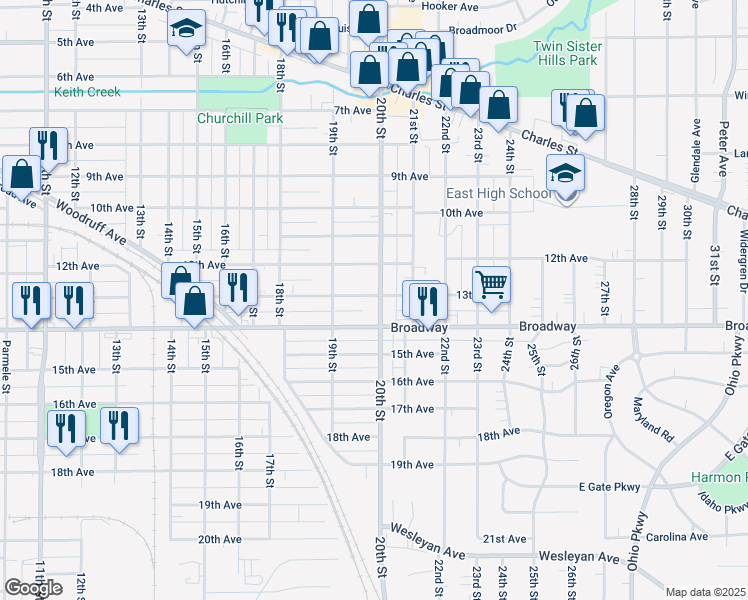 map of restaurants, bars, coffee shops, grocery stores, and more near 1401 20th Street in Rockford
