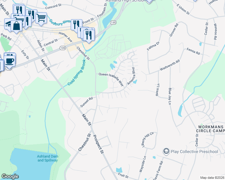 map of restaurants, bars, coffee shops, grocery stores, and more near 33 John Hancock Drive in Ashland