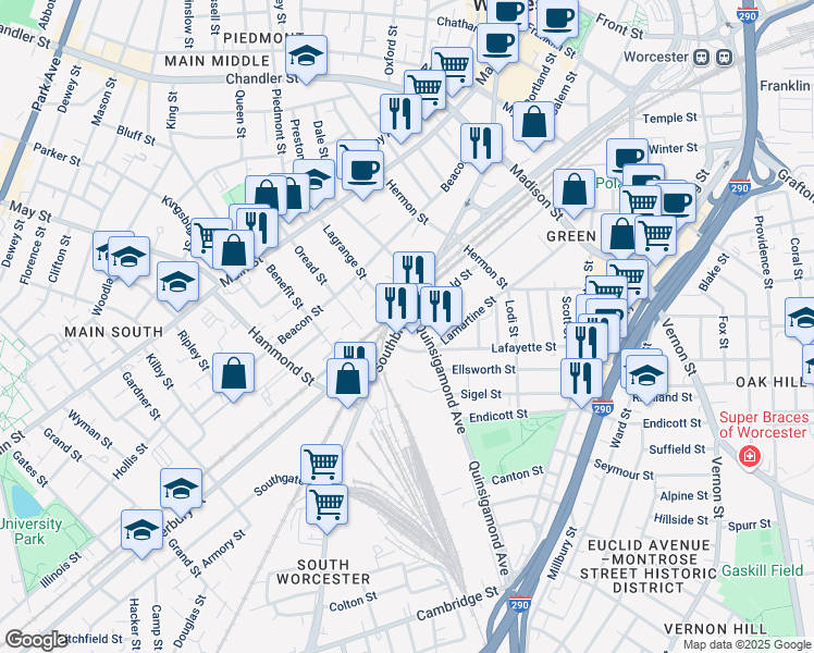 map of restaurants, bars, coffee shops, grocery stores, and more near 330 Southbridge Street in Worcester