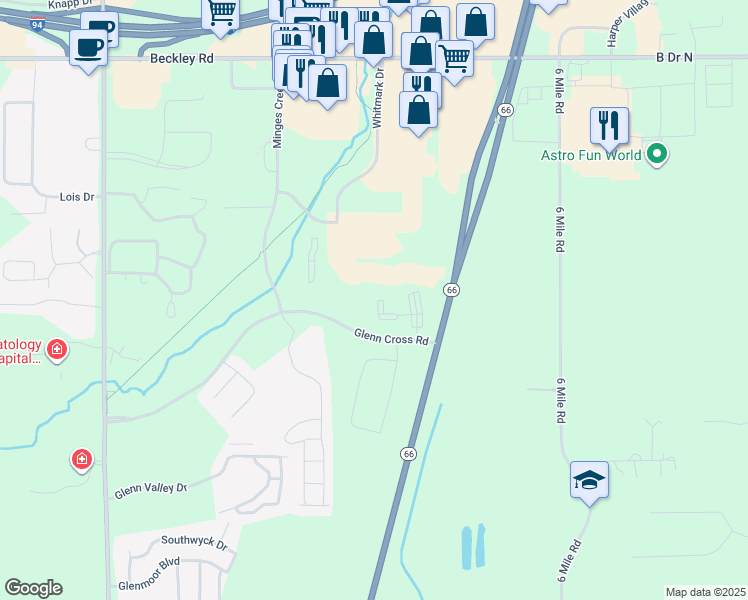 map of restaurants, bars, coffee shops, grocery stores, and more near 5695 Glenn Cross Road in Battle Creek