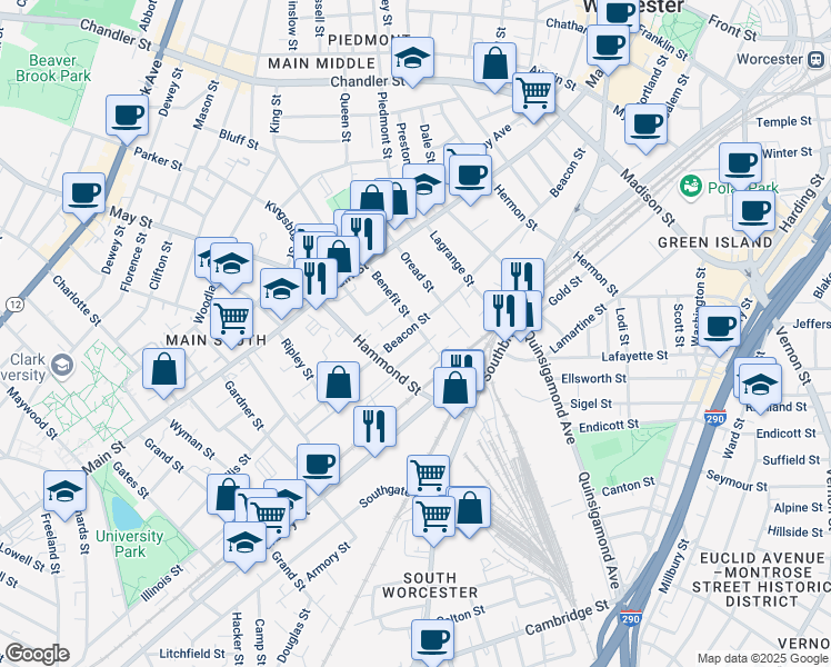 map of restaurants, bars, coffee shops, grocery stores, and more near 140 Beacon Street in Worcester