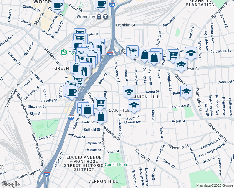 map of restaurants, bars, coffee shops, grocery stores, and more near 74 Providence Street in Worcester