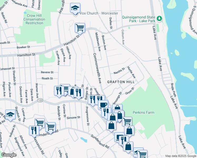 map of restaurants, bars, coffee shops, grocery stores, and more near 104 Commonwealth Avenue in Worcester