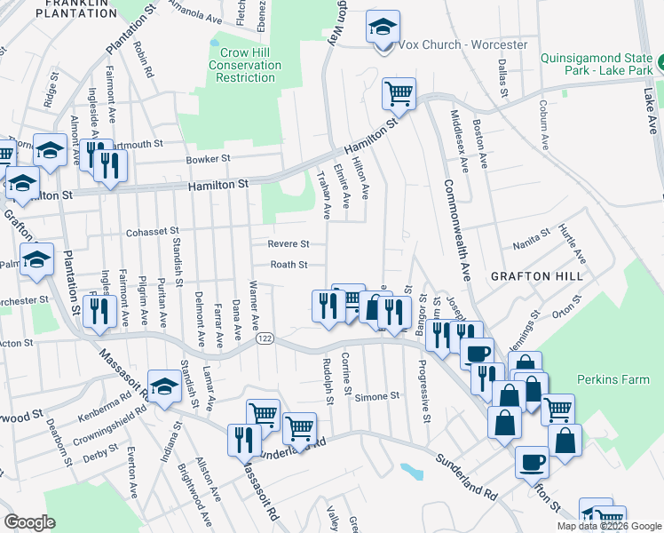 map of restaurants, bars, coffee shops, grocery stores, and more near 41 Trahan Avenue in Worcester