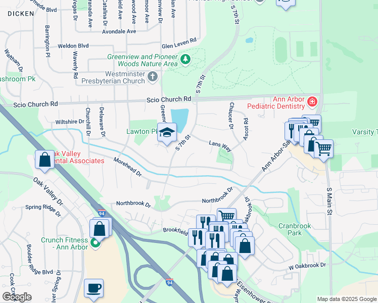 map of restaurants, bars, coffee shops, grocery stores, and more near 2230 Tilsby Court in Ann Arbor