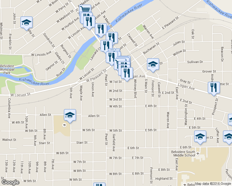 map of restaurants, bars, coffee shops, grocery stores, and more near 126 West 2nd Street in Belvidere