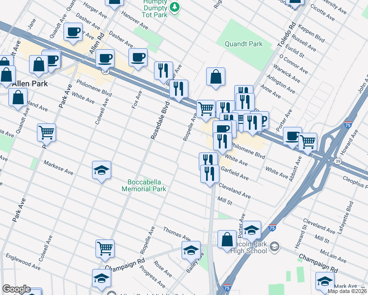 map of restaurants, bars, coffee shops, grocery stores, and more near 2183 Riopelle Avenue in Lincoln Park