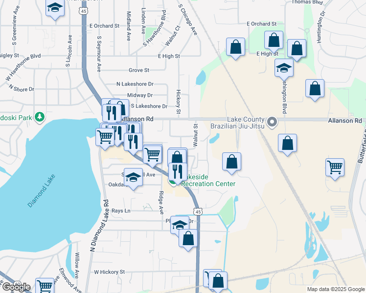 map of restaurants, bars, coffee shops, grocery stores, and more near 660 Fountainview Drive in Mundelein