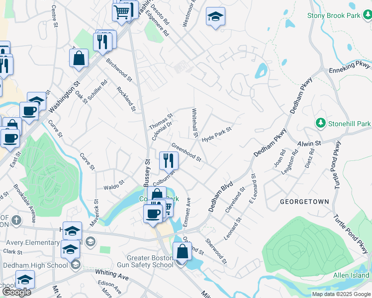 map of restaurants, bars, coffee shops, grocery stores, and more near 52 Greenhood Street in Dedham