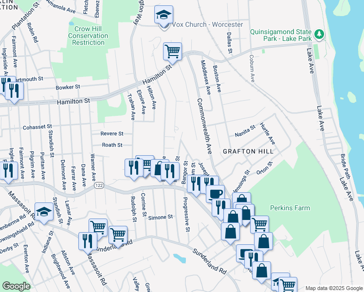 map of restaurants, bars, coffee shops, grocery stores, and more near 3 Lorenzo Street in Worcester