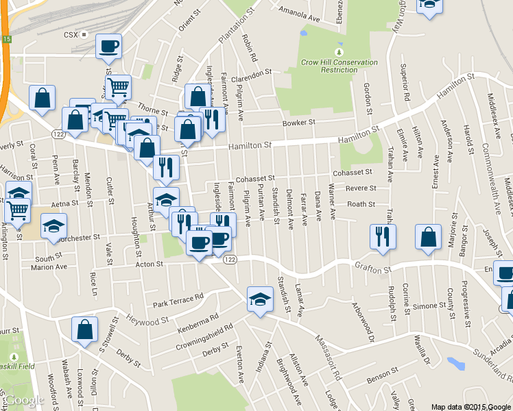 map of restaurants, bars, coffee shops, grocery stores, and more near 161 Pilgrim Avenue in Worcester
