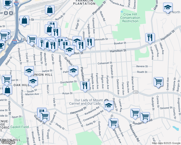 map of restaurants, bars, coffee shops, grocery stores, and more near 7 Village Street in Worcester