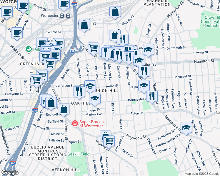 map of restaurants, bars, coffee shops, grocery stores, and more near in Worcester