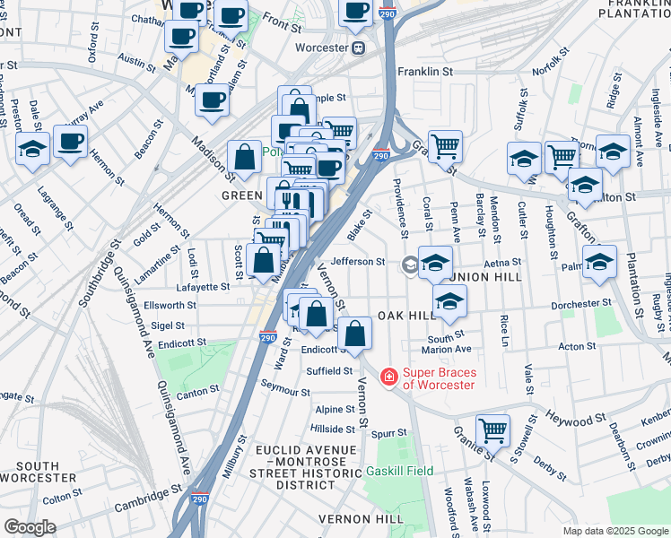 map of restaurants, bars, coffee shops, grocery stores, and more near 6 Jefferson Street in Worcester