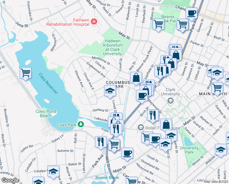 map of restaurants, bars, coffee shops, grocery stores, and more near 5 Becket Street in Worcester