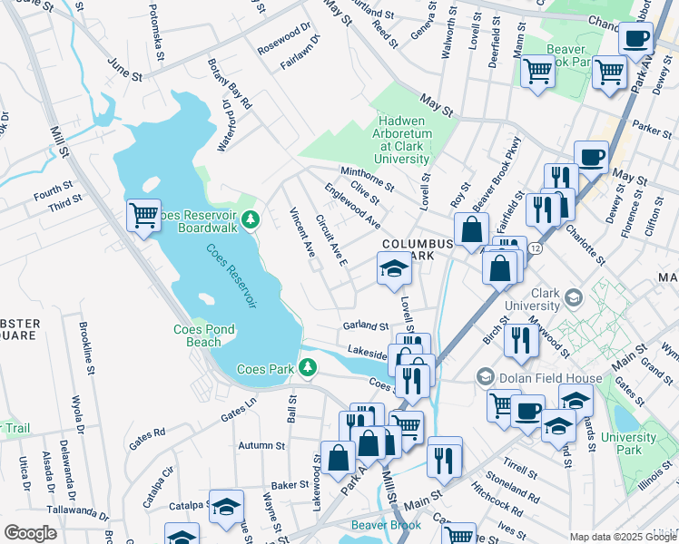 map of restaurants, bars, coffee shops, grocery stores, and more near 10 Circuit Avenue South in Worcester