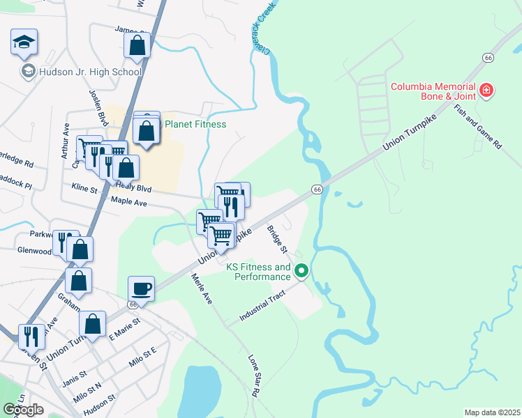 map of restaurants, bars, coffee shops, grocery stores, and more near 310 New York 66 in Hudson
