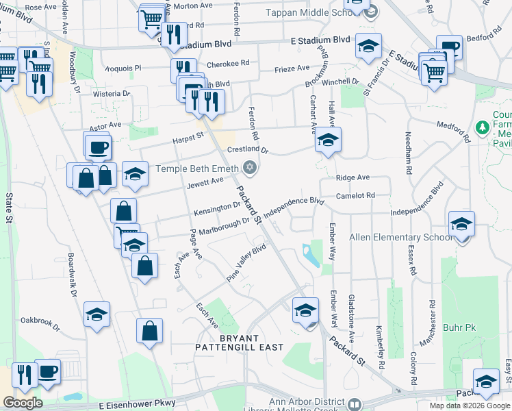 map of restaurants, bars, coffee shops, grocery stores, and more near 2407 Packard Street in Ann Arbor