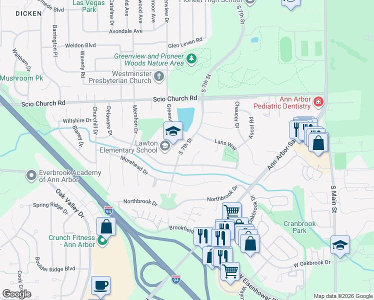 map of restaurants, bars, coffee shops, grocery stores, and more near 2230 Tilsby Court in Ann Arbor