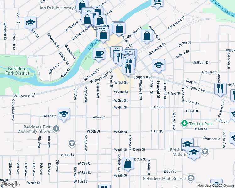 map of restaurants, bars, coffee shops, grocery stores, and more near 126 West 2nd Street in Belvidere