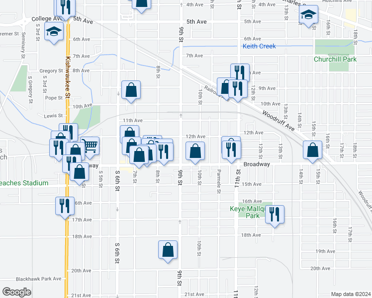 map of restaurants, bars, coffee shops, grocery stores, and more near 1319 10th Street in Rockford