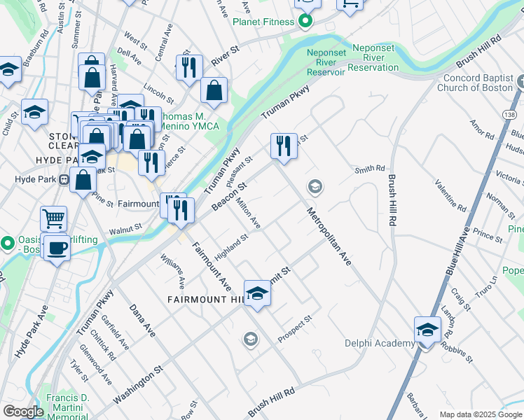 map of restaurants, bars, coffee shops, grocery stores, and more near 60 Milton Avenue in Boston
