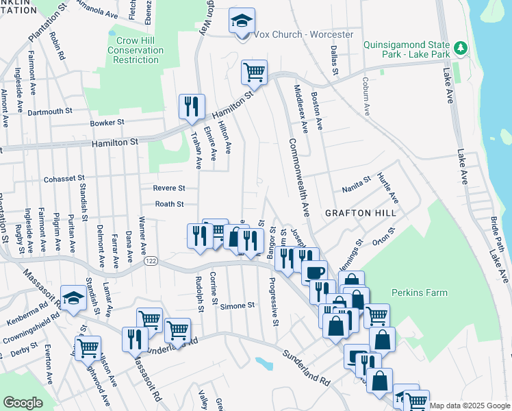 map of restaurants, bars, coffee shops, grocery stores, and more near 1 Marie Street in Worcester