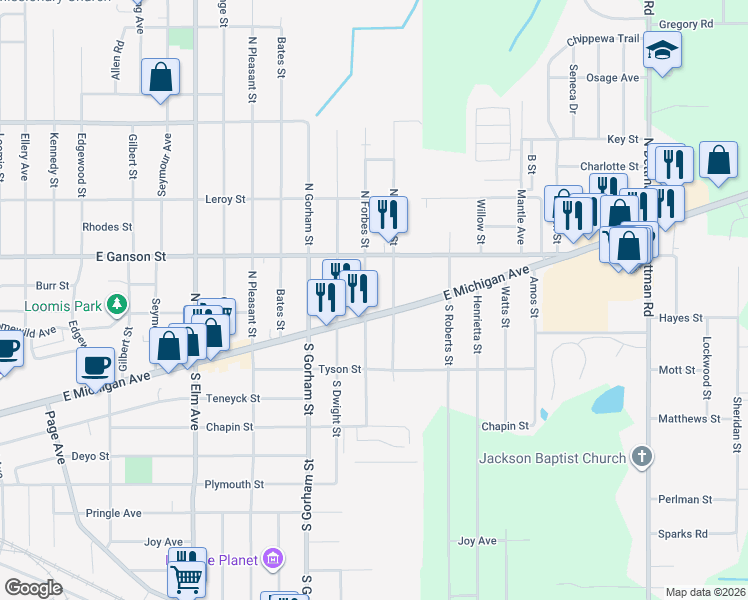 map of restaurants, bars, coffee shops, grocery stores, and more near 115 North Forbes Street in Jackson