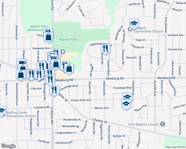 map of restaurants, bars, coffee shops, grocery stores, and more near 1410 Sequoia Road in Rockford