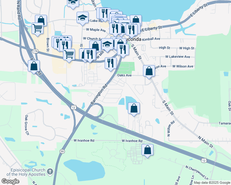 map of restaurants, bars, coffee shops, grocery stores, and more near 26845 Barrington Road in Wauconda