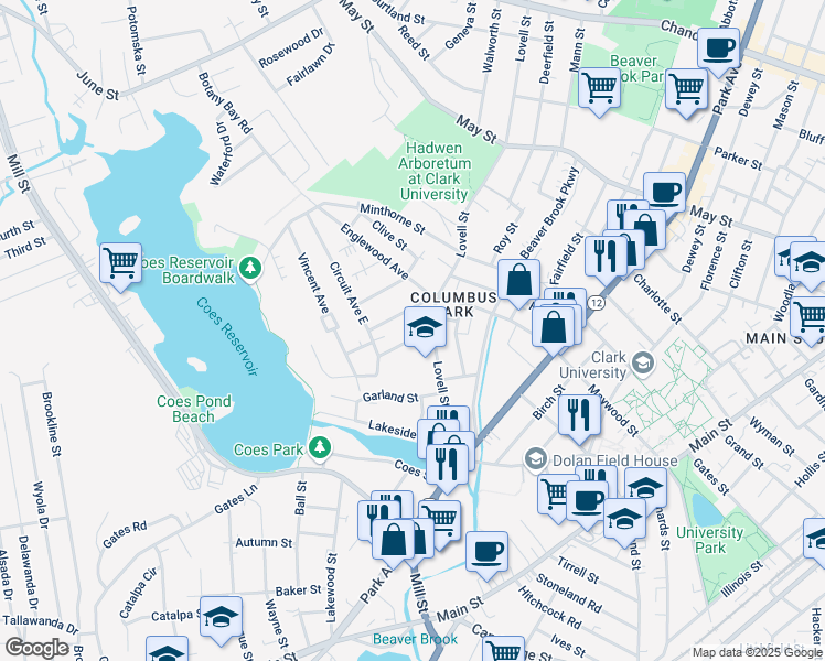 map of restaurants, bars, coffee shops, grocery stores, and more near 6 Columbus Street in Worcester