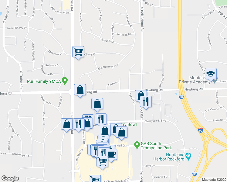 map of restaurants, bars, coffee shops, grocery stores, and more near 7232 Newburg Road in Rockford