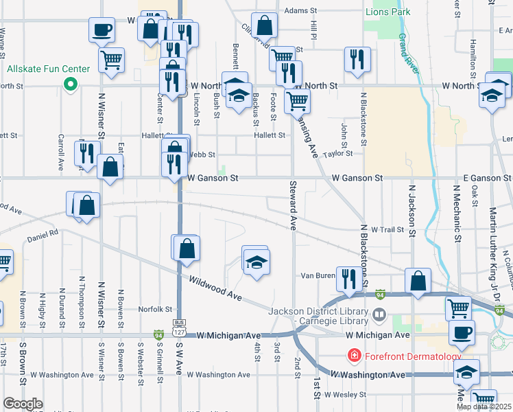 map of restaurants, bars, coffee shops, grocery stores, and more near 611 Oakhill Avenue in Jackson