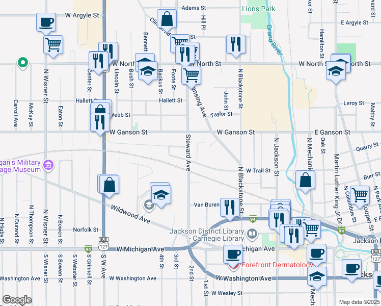 map of restaurants, bars, coffee shops, grocery stores, and more near 509 Steward Avenue in Jackson