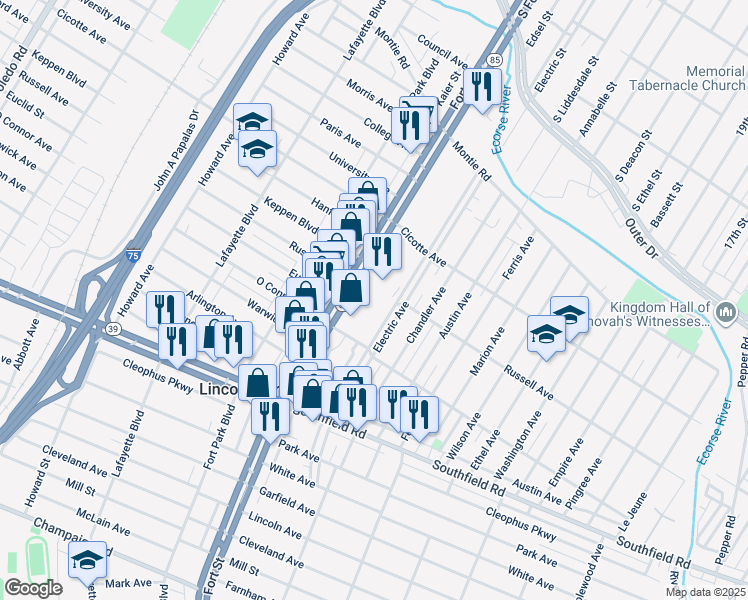 map of restaurants, bars, coffee shops, grocery stores, and more near 1515 Fort Street in Lincoln Park