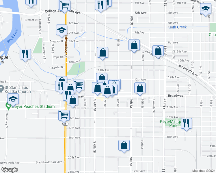 map of restaurants, bars, coffee shops, grocery stores, and more near 1110 13th Avenue in Rockford