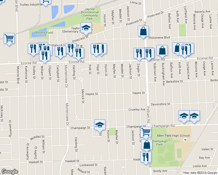 map of restaurants, bars, coffee shops, grocery stores, and more near 7615 Huron Street in Taylor