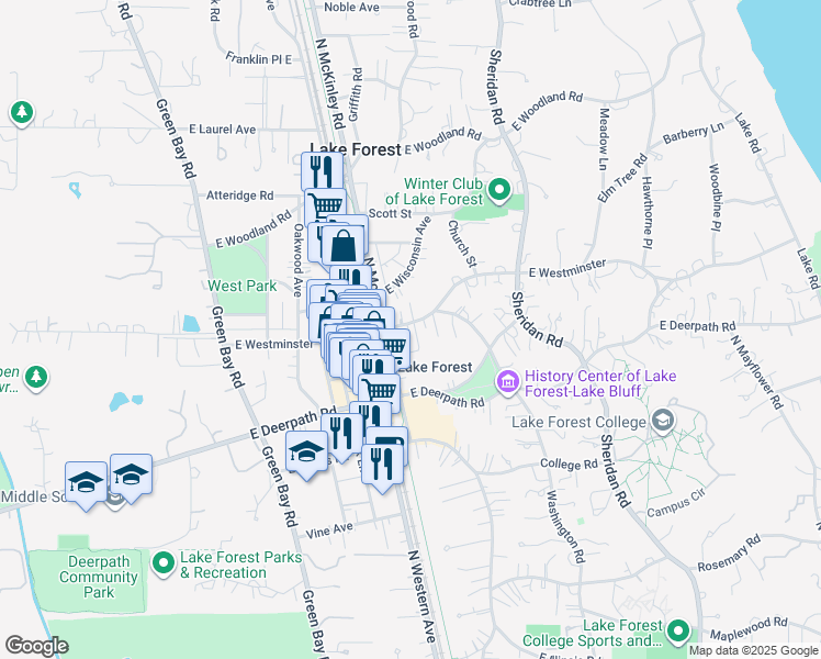 map of restaurants, bars, coffee shops, grocery stores, and more near 351 East Westminster Avenue in Lake Forest