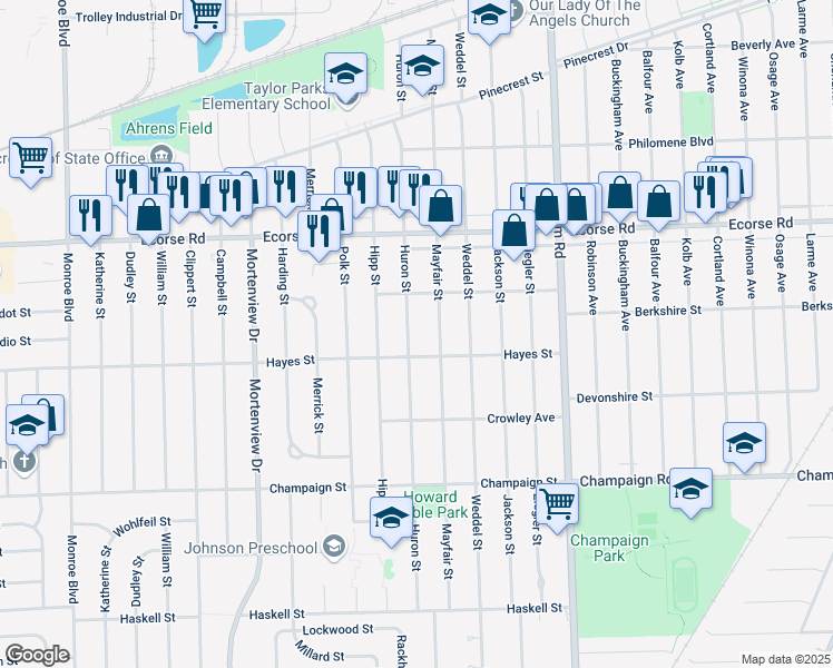 map of restaurants, bars, coffee shops, grocery stores, and more near 7615 Huron Street in Taylor